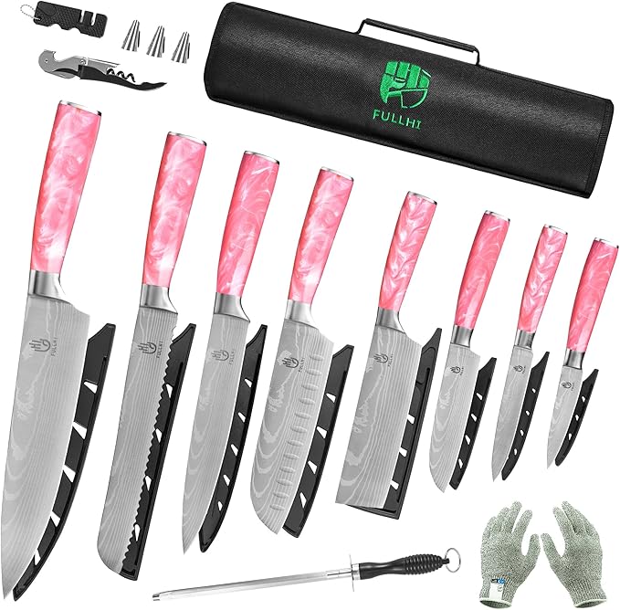 FULLHI 15pcs Japanese Knife Set with Magnetic Knife Block Holder, Japan Stainless Steel Blades, Ergonomic Handles for Professional and Home Cooking (Pink, Knife set)