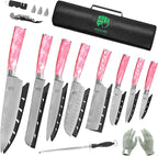 FULLHI 15pcs Japanese Knife Set with Magnetic Knife Block Holder, Japan Stainless Steel Blades, Ergonomic Handles for Professional and Home Cooking (Pink, Knife set)