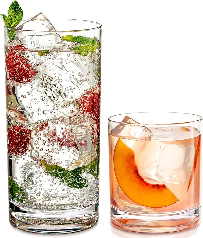 Elegant Acrylic Drinking Glasses [Set of 16] Attractive Clear Plastic Tumblers - Unbreakable Drinkware Set Ideal for Indoor and Outdoor - Kid Friendly