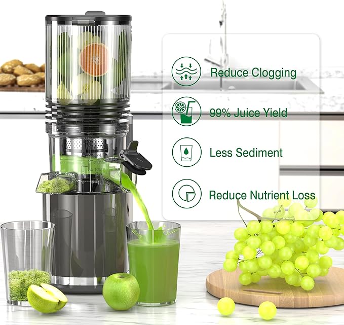 Cold Press Juicer, 6.5" Extra Wide Feed Chute Juicer Machines, 350W Slow Juicer Machines with High Juice Yield for Whole Vegetables & Fruits, BPA Free (Titanium Gray)