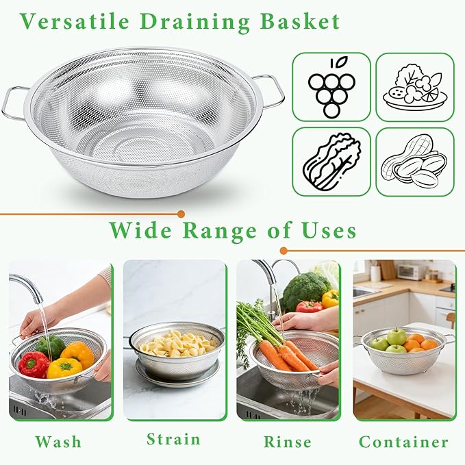 Colander Set of 3, Stainless Steel Micro-Perforated Colanders Strainers for Draining Rinsing Washing, Ideal for Pasta Vegetables Fruits, Heavy Duty & Dishwasher Safe