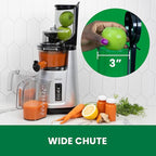 Omega Wide Mouth Juicer Compact Vertical Cold Press Vegetable and Fruit Juice Extractor with 3-Inch Hopper 2-Speed Slow Juicing with Space Saving Design, 120-Watts, Black