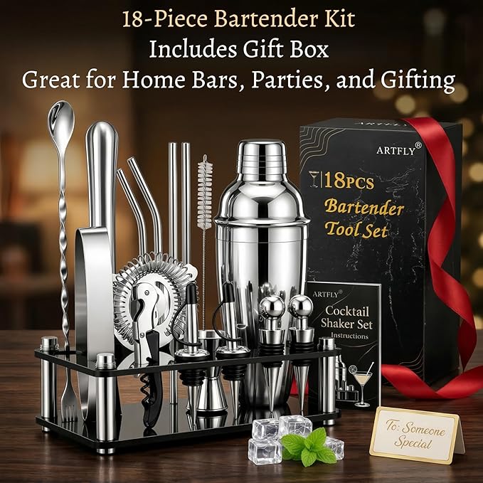 Cocktail Shaker Set, 18-Piece Bartender Kit with Acrylic Stand, 18/8 Stainless Steel Bar Set with Martini Shaker, Jigger, Muddler & Recipe Book for Home Bar