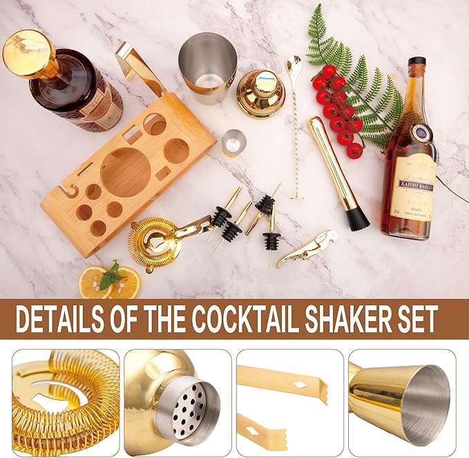 JNWINOG 12Pcs-Cocktail Shaker Set Stainless Steel Bartending Kit 18.6oz Cocktail Bar Set Cocktail Mix Drink Making Kit Professional Bar and Home Drink Bar Tools for Bartender(Gold, 12Pcs)