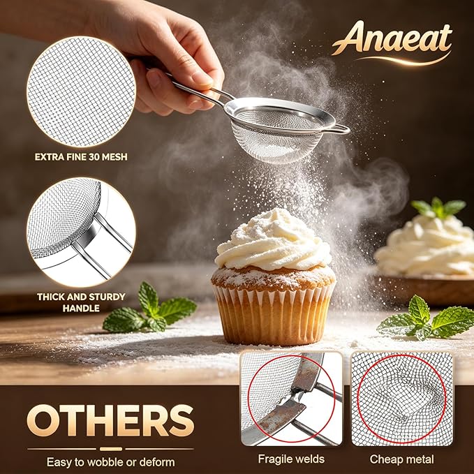 Anaeat Fine Mesh Strainers - Premium Stainless Steel Colander Sieve Sifters, with Durable Mesh and Sturdy Handle, Excellent for Sifting Dry ingredients, Flour, Pastas, Rice, Tea (9.45"）