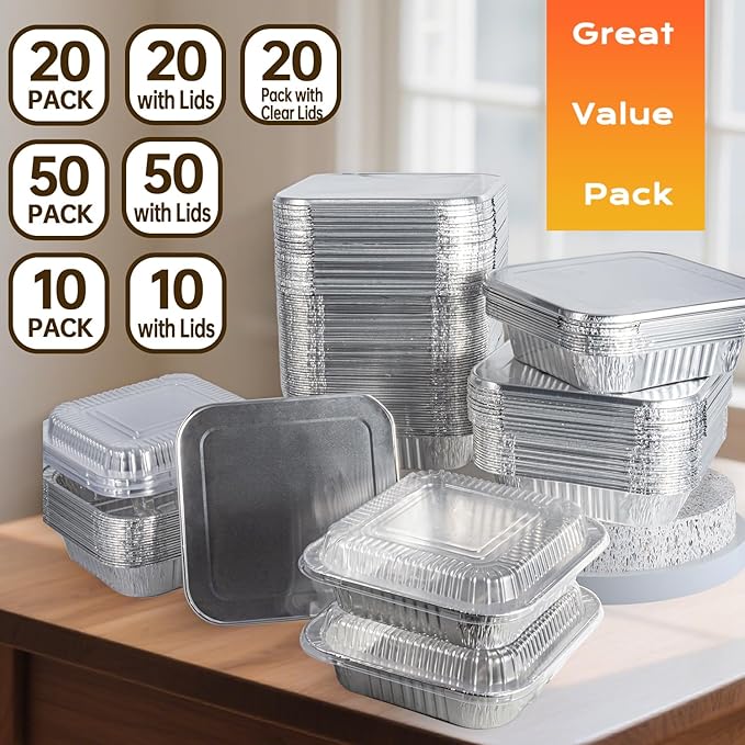 8x8 Aluminum Pans with Lids - 20 Pack Disposable Foil Pans with Lids, Aluminum Containers with Lids for Baking Cake, Holiday Cooking, Heating, Storing, Prepping Food