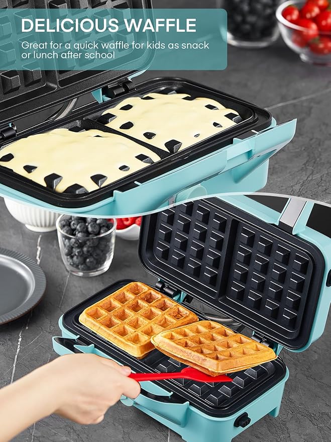 FOHERE Waffle Maker 3 in 1 Sandwich Maker 1200W Panini Press With Removable Plates and 5-gear Temperature Control, Non-stick Coating Easy to Clean,Indicator Lights, Blue