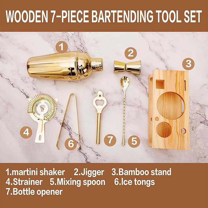 JNWINOG Cocktail Shaker Set Stainless Steel Bartending Kit 18.6oz Cocktail Bar Set Cocktail Mix Drink Making Kit Professional Bar and Home Drink Bar Tools for Bartender (Gold, 7Pcs)
