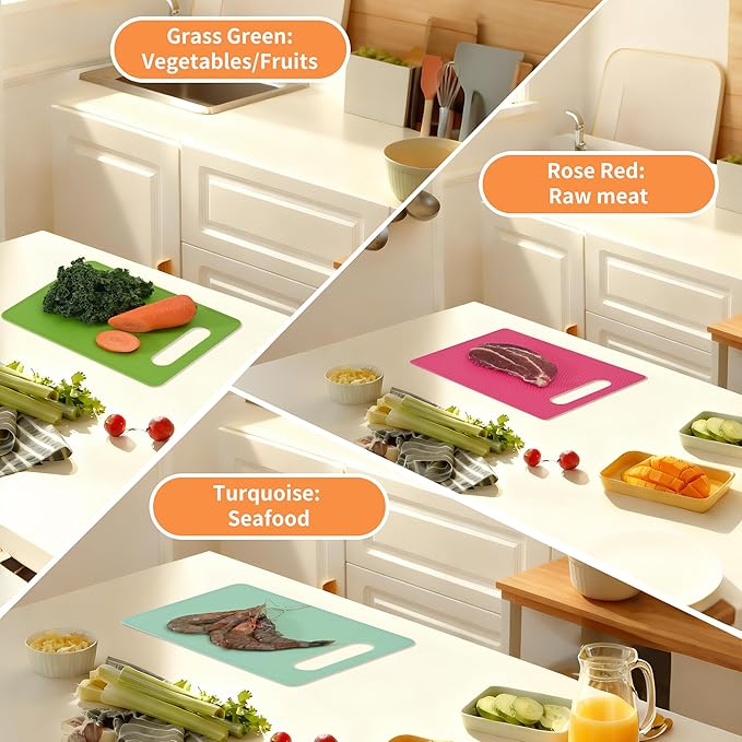 Luckyiren Cutting Board Set of 4, 11.4" x 7.5" x 0.1", Red Green Yellow White, Plastic Kitchen Cutting Boards with Juice Groove & Handle Hole, Lightweight & Dishwasher Safe