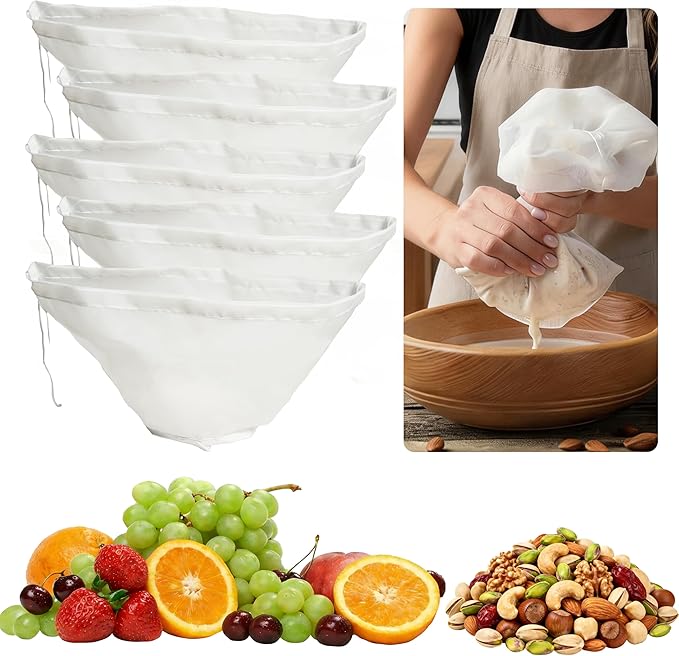 5 Pack Reusable Fine Mesh Cheesecloth Bags for Straining, 14‘’x5‘’ Bowl-Shaped Food Filter Bag, Great for Nut Milk, Juice, Soy Milk, Nylon Juicer Bags(S)