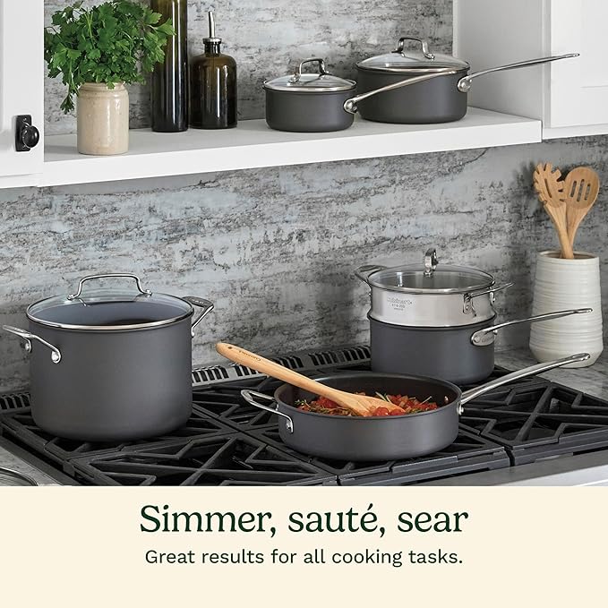 Cuisinart 17-Piece Pots and Pans Set, Non Stick Hard Anodized Cookware Set, Compatible with Electric, Gas Cooktops, Dishwasher Safe, Oven Safe Pot Set, Cool Grip Handles, Aluminum Core for Even Heat