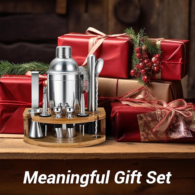 Cocktail Shaker Set Bartender Kit with Stand, 12 Piece Drink Mixer Set with Stainless Steel Bar Accessories Tools: 25oz Martini Shaker Jigger Strainer Spoon Muddler for Cocktails (Silver)