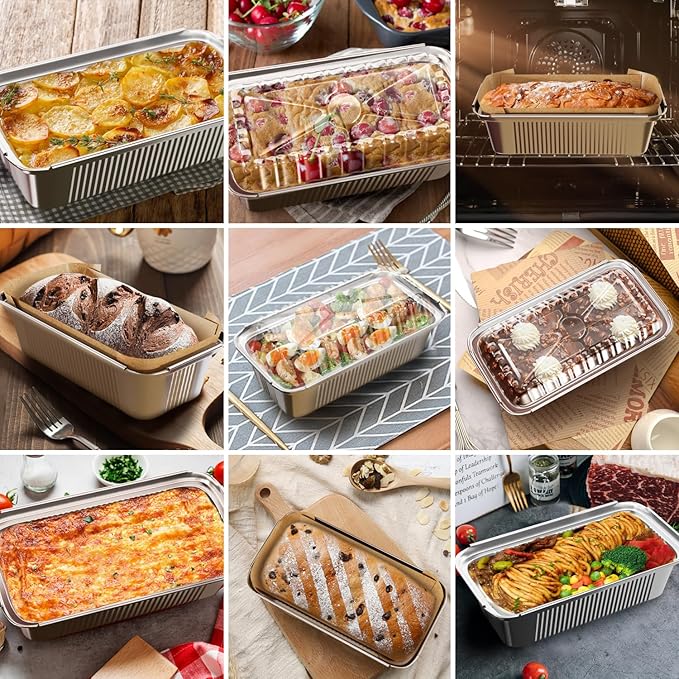 Gyreuni 50 Pack Aluminum Loaf Pans with Lids Stickers and Parchment Paper Sheets,2.4Lb Heavy Duty Aluminum Foil Premium Bread Tins - 8.3" X 4.1" X 2.2" Disposable Baking Pans