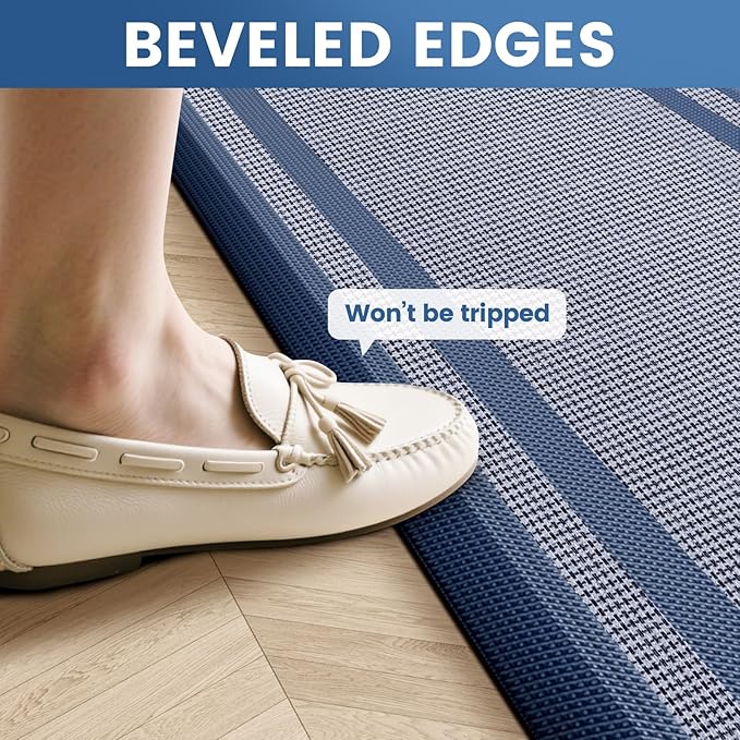 KitchenClouds [2 PCS Kitchen Rugs Cushioned Anti-Fatigue Kitchen Mats for Floor Waterproof Kitchen Rug Set Non-Slip Comfort Standing Mat for Office, Sink, Laundry 17.3"×29"+17.3"×47",Blue