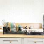 Simple Houseware Dish Drying Rack with Drainboard, Utensil Holder & Mug Hooks, Black Metal Kitchen Counter Organizer
