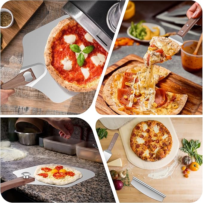 Aluminum Pizza Peel 12x14" With Foldable Wooden Handle - Metal Paddle, Rocker Cutter, and Server for Pizza Oven (Gift-Ready)