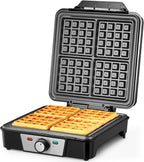 Belgian Waffle Maker 4 Slices, 1200W Waffle Iron, Anti-Overflow Waffle Iron with Browning Knob, Nonstick Plates, Indicator Lights, Silver/Black (Black, Silver)