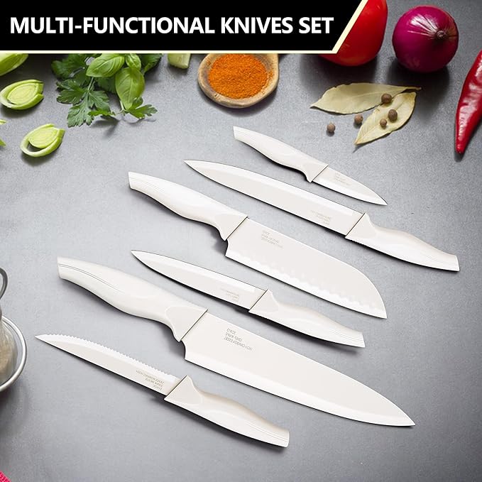E-far Knife Set with Block, 15 Pieces Kitchen Knife Block Set with Sharpener, High Carbon Stainless Steel Sharp Chef Knife Set with Ergonomic Handles, Anti Rust, White