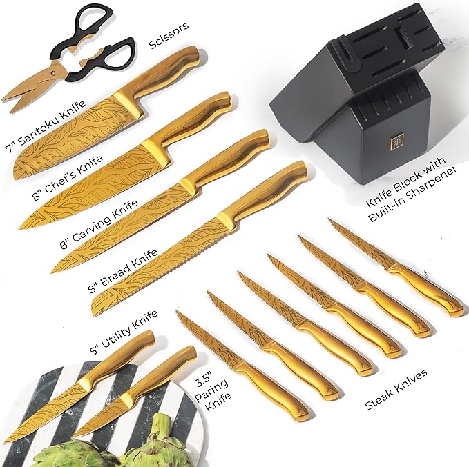 Gold Knife Set For Kitchen -14-Piece Titanium-Coated Blades with Etched Leaves Pattern, Ultra-Sharp Stainless Steel, Durable & Stylish Kitchen Knife Block Set