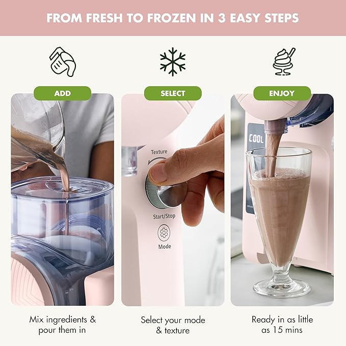 GreenPan Frost Ice Cream Maker & Slushie Machine, Soft Serve, Sorbet, Margaritas, Milkshakes, Frozen Yogurt, No Pre-Freezing, Ready in 15 Mins, 6 Modes, 7 Textures, Self-Cleaning, Family Size, Pink