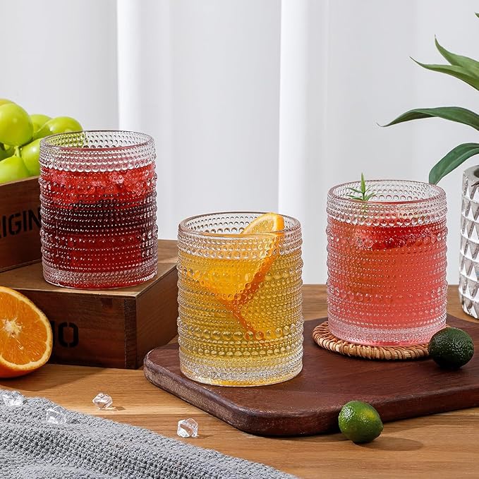 HomeVogue Hobnail Drinking Glasses Set of 12, 12oz & 15oz Vintage Glassware Set Cocktail Glass Set, Embossed Clear Water Tumbler,for Beer, Whiskey,Juice and Various Mixed Drinks (12 Pack-Clear)