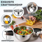 E-far Mixing Bowls With Lids Sets of 5, 10-Piece Stainless Steel Salad Metal Nesting Bowl for Baking Cooking and Prepping, Airtight Lid & Stackable Design, Size 4.6, 3, 2.1, 1.5, 0.7 QT, Black