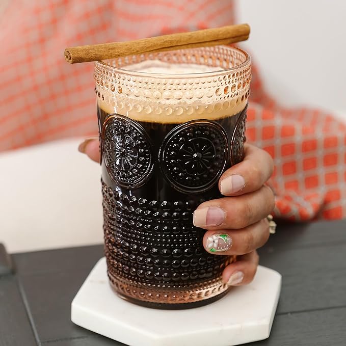 Hobnail Beaded Floral Rose Gold Drinking Glasses Set of 6, (13 oz) Vintage Glassware Set by Kate Aspen| Cocktail Glass Set, Juice Glass, Water Cups | Great Hostess Gift & Gift for New Home Owners
