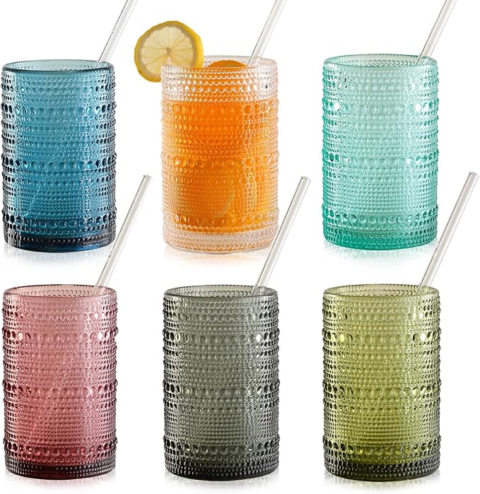 KMIGRUAN 15oz Colored Hobnail Drinking Glasses Set of 6,Vintage Kitchen Glassware, Embossed Beaded Glass Cups,Water Tumbler for Cocktail,Juice and Various Mixed Drinks