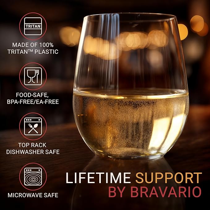 Bravario Unbreakable Stemless Plastic Wine Glasses | Reusable | Shatterproof 100% Tritan Plastic | Dishwasher-Safe | BPA-free | Awesome for Indoor & Outdoor | 13 oz, Set of 8