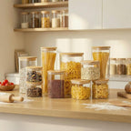 42oz & 27oz - 4 Pack Square Glass Jars with Bamboo Lids, Glass Food Storage Containers with Airtight Lids for Kitchen, Air Tight Pantry Storage Containers for Cereal, Pasta, Rice, Sugar, Coffee, Spice