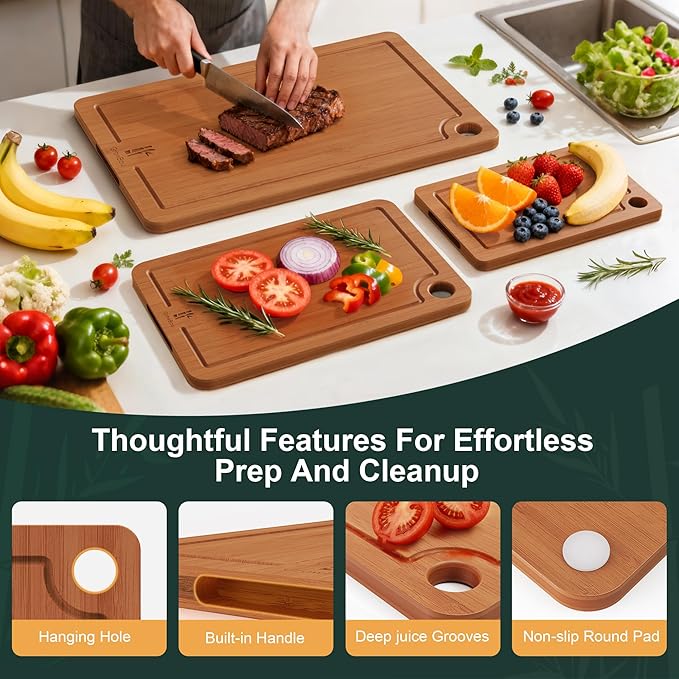 Bamboo Cutting Boards for Kitchen, 3-Piece Set with Juice Grooves, Side Handles & Non-Slip Mats – Durable Bamboo Chopping Board for Meat, Vegetables and Fruits Ideal Kitchen Gifts