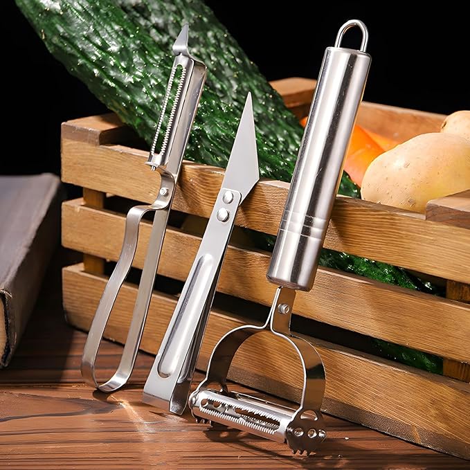 3PCS Set Multi-function Vegetable Peeler, Upgraded Stainless Steel Julienne Peeler, Carrot Potato Melon Fruit Peelers, Fruit Peeler Carrot Shredder Potato Peelers for Home Kitchen Gadget