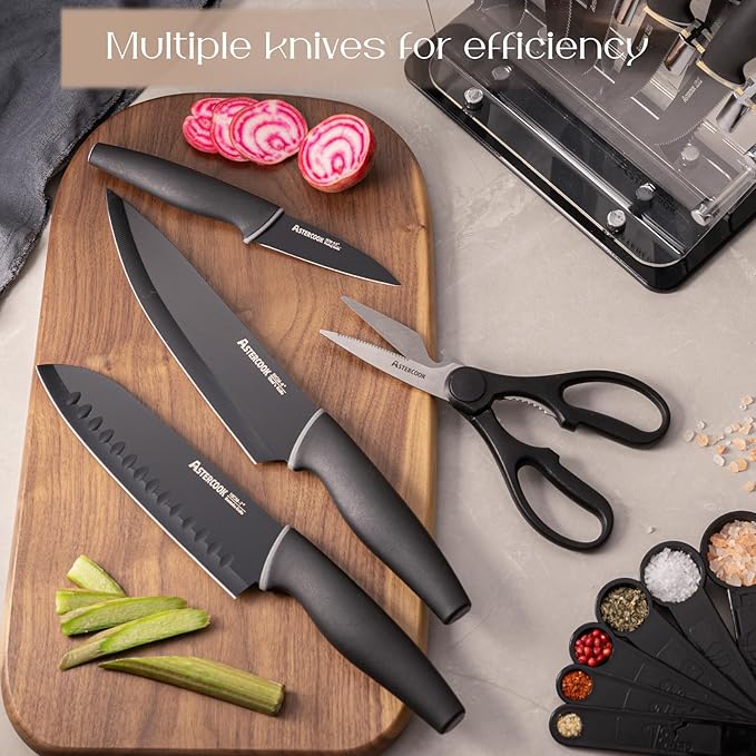 Astercook Knife Set with Block and Sharpener, 22 Piece Kitchen Knife Set Dishwasher Safe, Space-Saving Clear Knife Block with Knives for Everyday Home Cooking Black