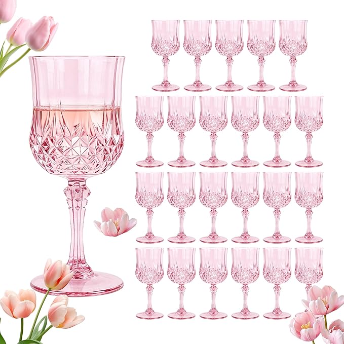 Plastic Wine Glasses, Plastic Goblets Vintage Style Cordial Unbreakable Drinking Glasses,Reusable Drinkware for Wedding Reception, Grand Event Party Supplies, Mother's Day(24, Pink)
