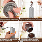 Manual Coffee Grinder Gift Box Non-Detachable Stainless Steel Conical Burr Aluminum Coffee Bean Grinder with 25 Grinding Settings Cleaning Brush Grindable Espresso Moka Pot for Camping Silver