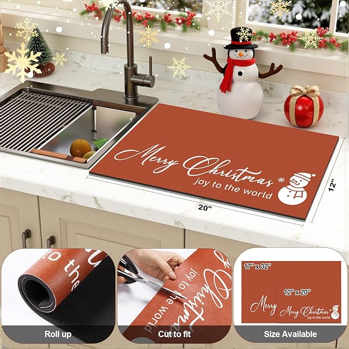 Findosom Christmas Dish Drying Mat, 12" x 20" Super Absorbent & Cuttable Dish Mat with Hello Sunshine Pattern, Hide Stain Drying Mat for Kitchen Counter Coffee Maker Dining Room Decoration, Red