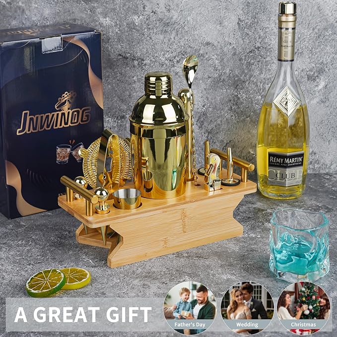 JNWINOG Cocktail Shaker Set Stainless Steel Bartending Kit 18.6oz Cocktail Bar Set Cocktail Mix Drink Making Kit Professional Bar and Home Drink Bar Tools for Bartender (Gold, 12Pcs-1)