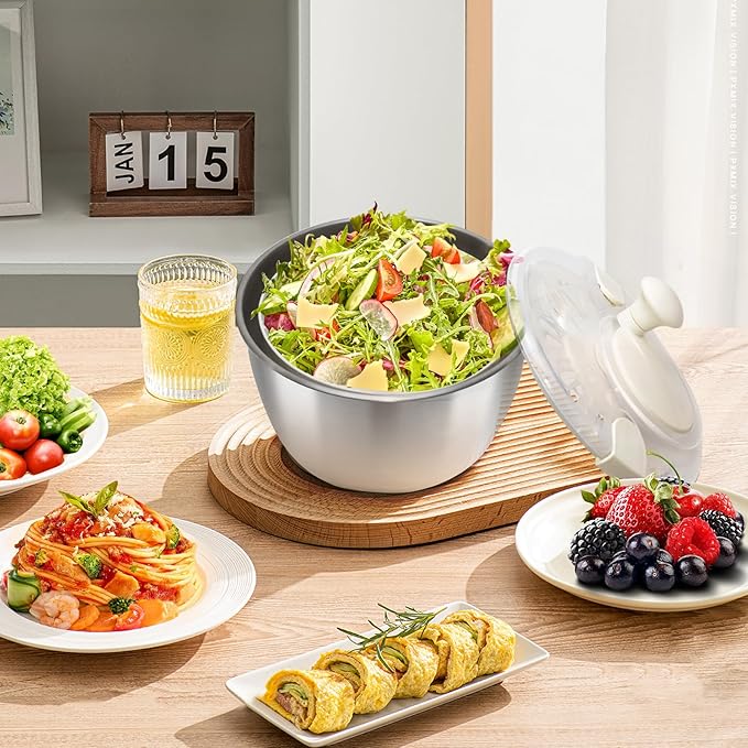 Salad Spinner Stainless Steel，Manual lettuce dryer With lid, basin, drain frame and non-slip base,lettuce spinner with Quick Spin,Spaghetti & Chip Strainer BPA Free,Easy Clean,5qt