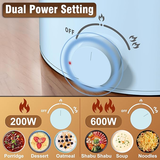Topwit Hot Pot Electric with Steamer, 1.6L Ramen Cooker, Electric Pot for Pasta, Shabu-Shabu, Oatmeal, Soup and Egg, Portable Cooker with Dual Power Control, Dorm Room Essentials, Blue