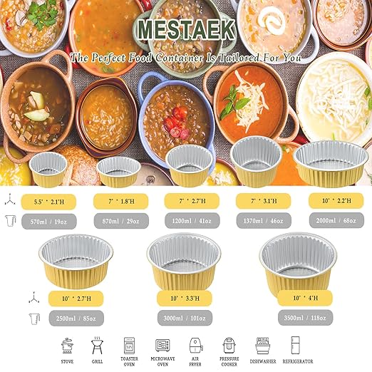 10" Deep Round Aluminum Foil Pans with Lids (5 Pack), Heavy Duty Grease-Resistant Foil Containers for Baking, Heating, Meal Prep & Food Storage, 3" Depth, 101oz