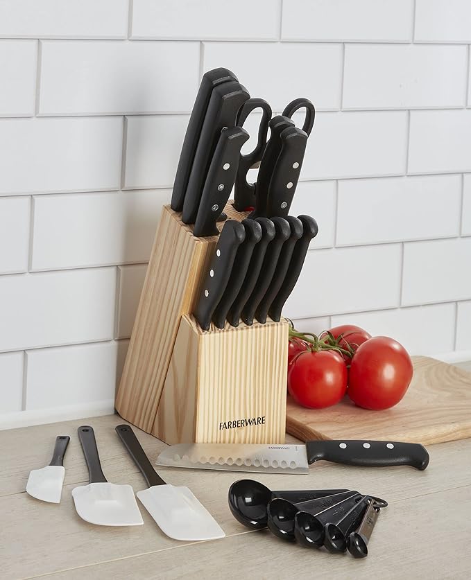Farberware 22-Piece Never Needs Sharpening Triple Rivet High-Carbon Stainless Steel Knife Block and Kitchen Tool Set, Black, Durable AND Precision Cutlery