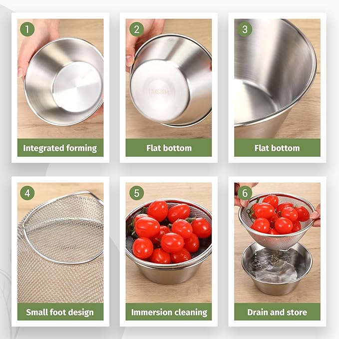 Baderke 2 Pcs Mini Colander & Food Strainer 304 Stainless Steel Small Mixing Colanders Bowl Rice Strainer for Kitchen Cooking Fruit Washing Vegetable(5.51 x 2.36 Inches,Silvery)