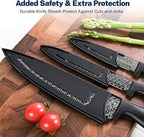 Gourmetop Kitchen Knife Set with Cover 3 Pcs, Black Chef Knife Set for Cooking, Sharp Kitchen Knives with Sheath, 8'' Chef Knife, 5'' Utility, 3.5'' Paring, Damascus Pattern Kitchen Knife for Cutting
