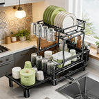 Large 2-Tier Expandable Dish Drying Rack, Heavy Duty Kitchen Countertop Dish Drainer Organizer with Utensil Holder, Extendable Space Saving Plate Storage Rack for Kitchen Sink Counter, Black