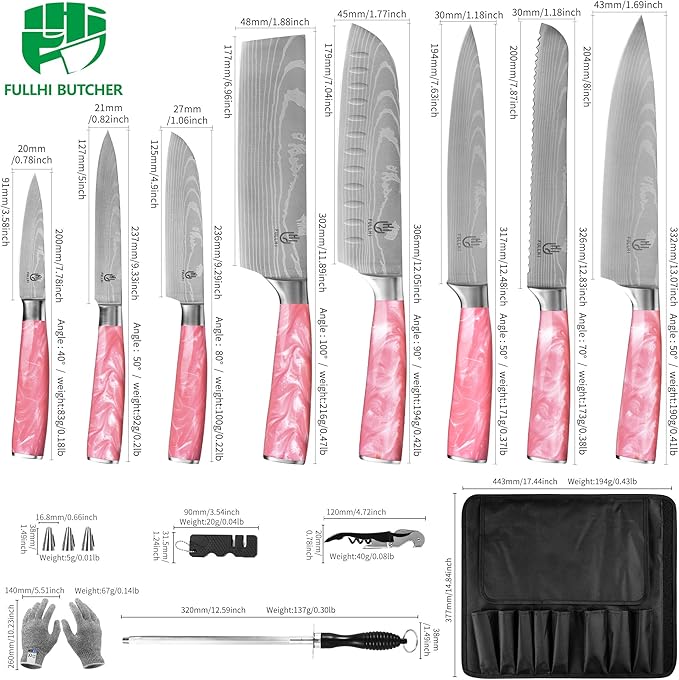 FULLHI 15pcs Japanese Knife Set with Magnetic Knife Block Holder, Japan Stainless Steel Blades, Ergonomic Handles for Professional and Home Cooking (Pink, Knife set)