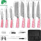 FULLHI 15pcs Japanese Knife Set with Magnetic Knife Block Holder, Japan Stainless Steel Blades, Ergonomic Handles for Professional and Home Cooking (Pink, Knife set)