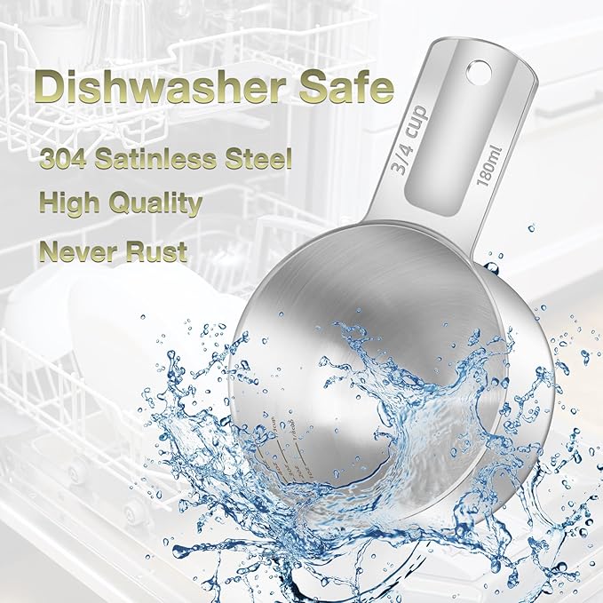 2PCS 3/4Cup (180ml, 6oz) Single Measuring Cup, Etched Inner Scale Stainless Steel Measure Scoop, Metric and US Measurement, Dishwasher Safe