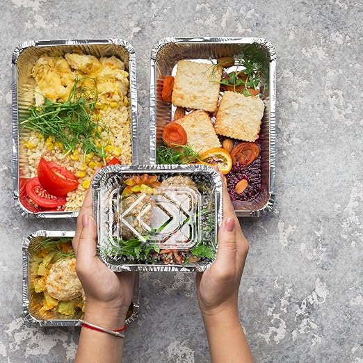 Stock Your Home 1 lb Small Aluminum Pans with Lids (50 Pack), Foil Pans with Clear Plastic Lids, Disposable Cookware & Takeout Trays for Restaurants & Catering