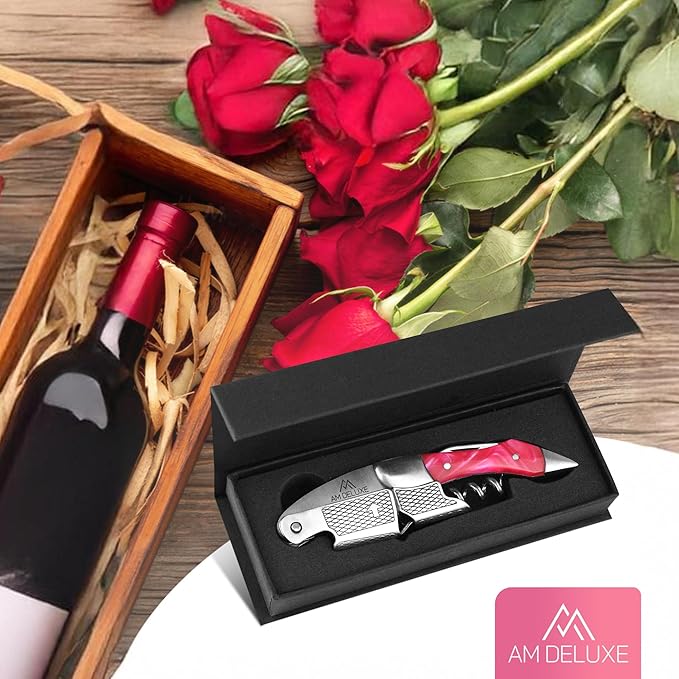 Waiters Corkscrew Wine Opener - Double-Hinged Fulcrum 3-In-1 Cork Screw Wine Bottle Opener Heavy Duty Stainless Steel & Resin Flamingo. Serrated Foil Cutter. Beer Opener. Magnetic Gift Box