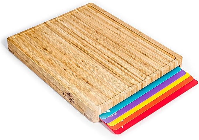 Ginsu Bamboo Wood Cutting Board Set with 6 Color-Coded Mats and Food Icons for Easy Meal Prep and Cleanup